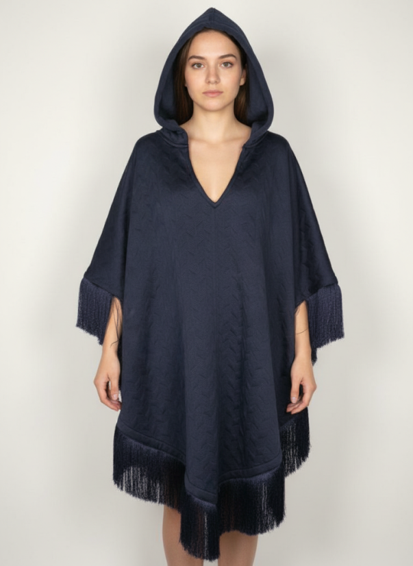 Magus urbanus Rex - oversize tmavomodré (navy) pončo s kapucňou a strapcami