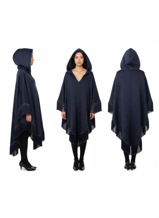 Magus urbanus Rex - oversize tmavomodré (navy) pončo s kapucňou a strapcami